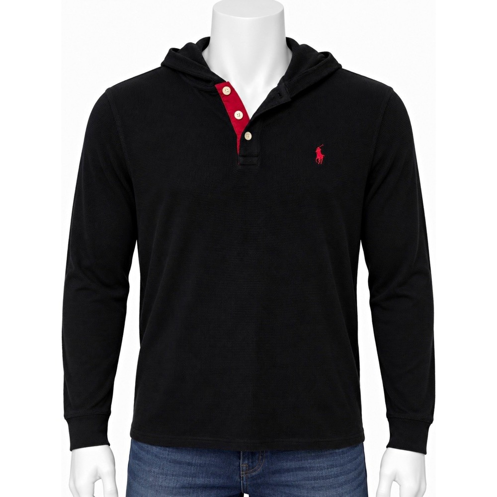 RALPH LAUREN POLO Boys L 14 16 Black Red Henley Hooded Pullover Hoodie Button